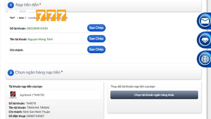 Biểu mẫu nạp tiền thông qua chuyển khoản ngân hàng tại Ole777